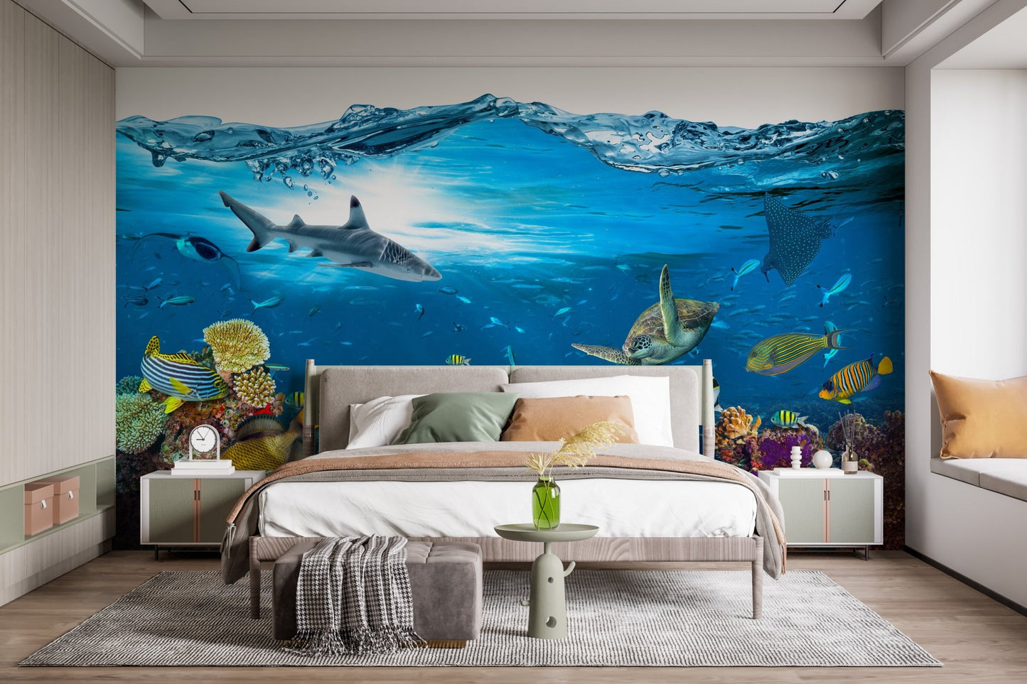 Master bedroom featuring blue underwater splash wall mural behind a large bed.