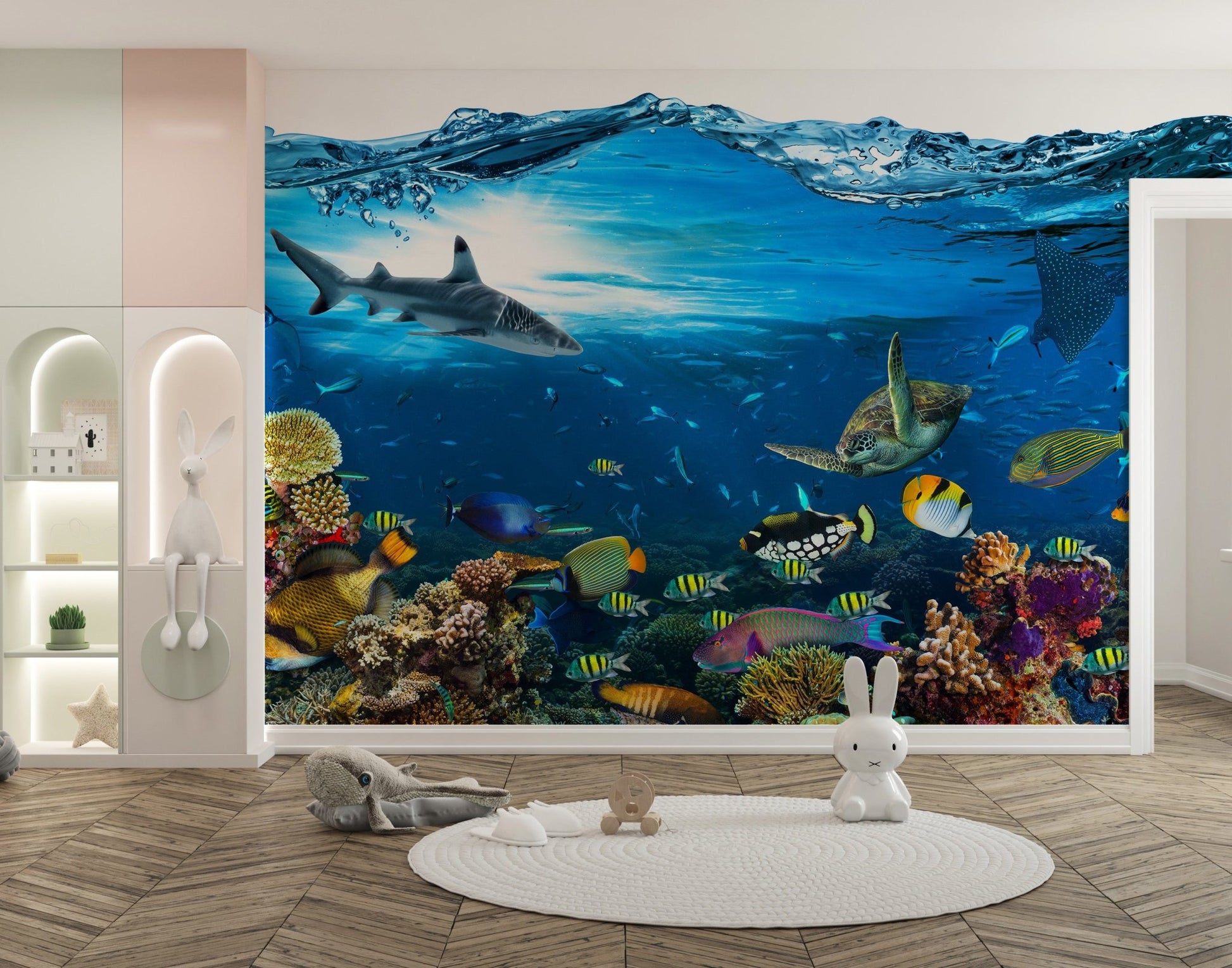 Underwater Splash with Coral Reef Wall Mural for playroom area.