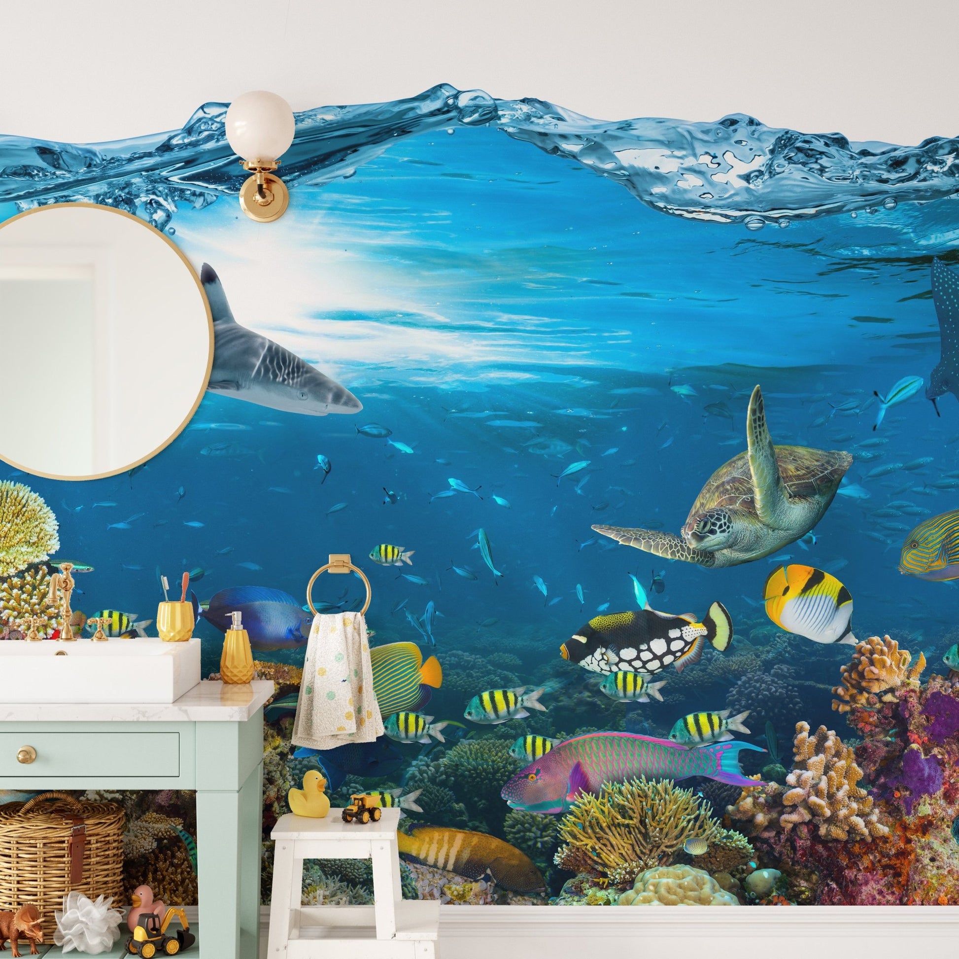 Underwater Splash with Corel Reef Wall mural in kids bathroom.