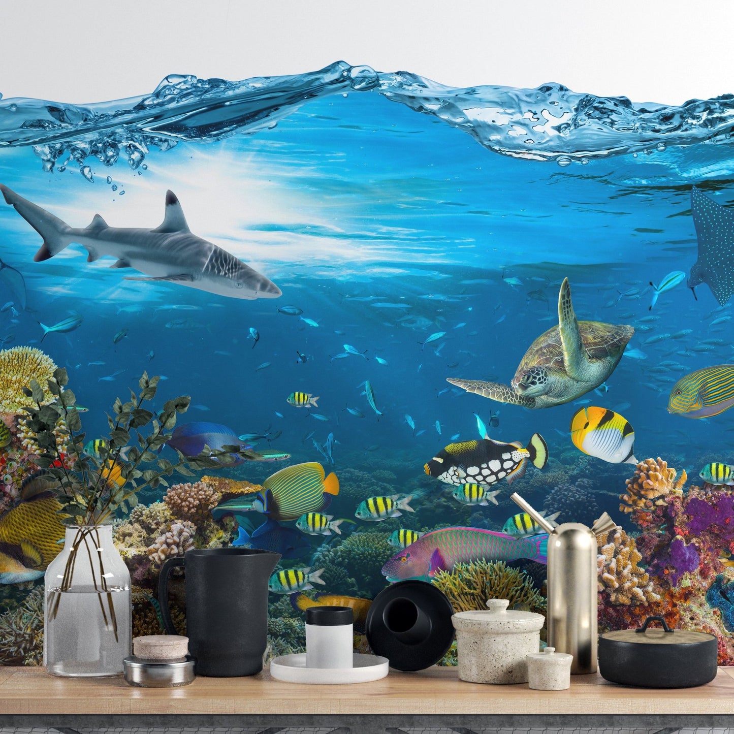 Coral Reef Underwater Splash Wall Mural for kitchen backdrop.