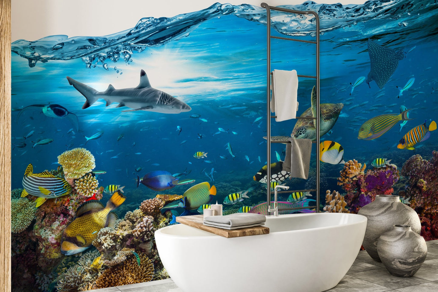 Shelf display with coral reef wall mural and bathroom accessories in view.