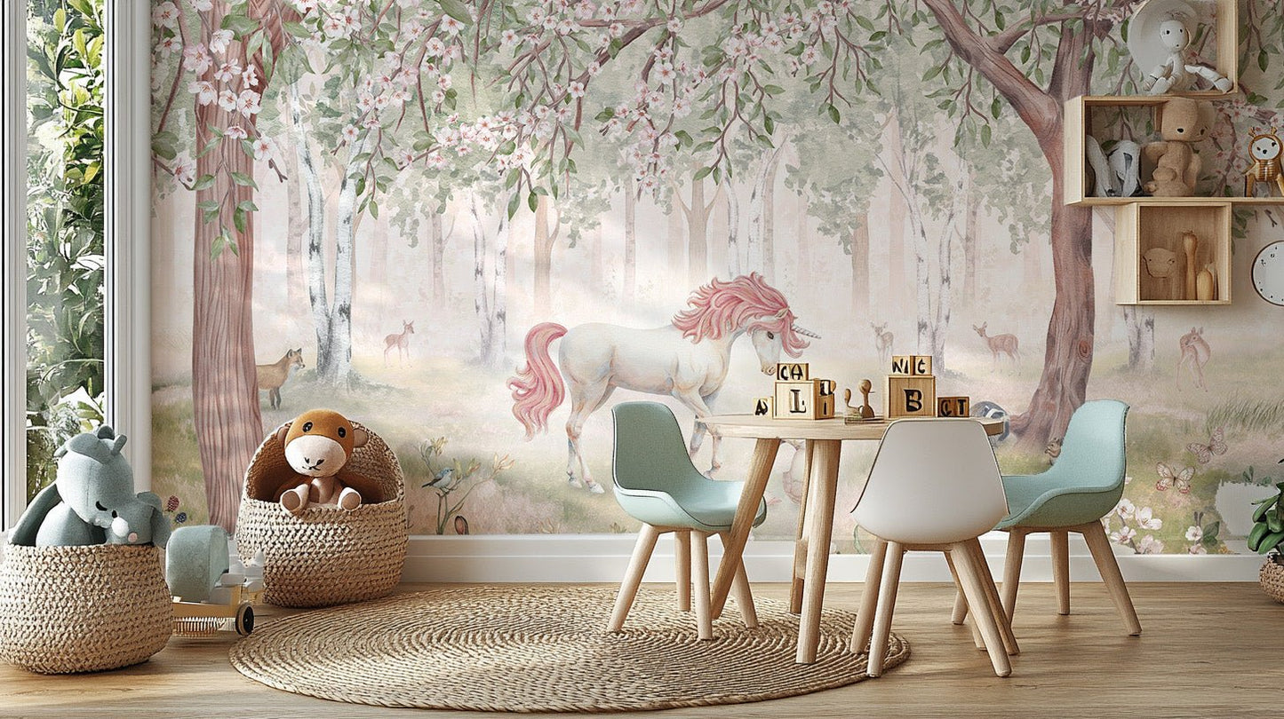 Unicorn Forest Green Wallpaper Mural - Wallanza