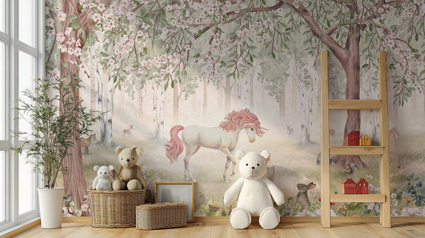 Unicorn Forest Green Wallpaper Mural - Wallanza