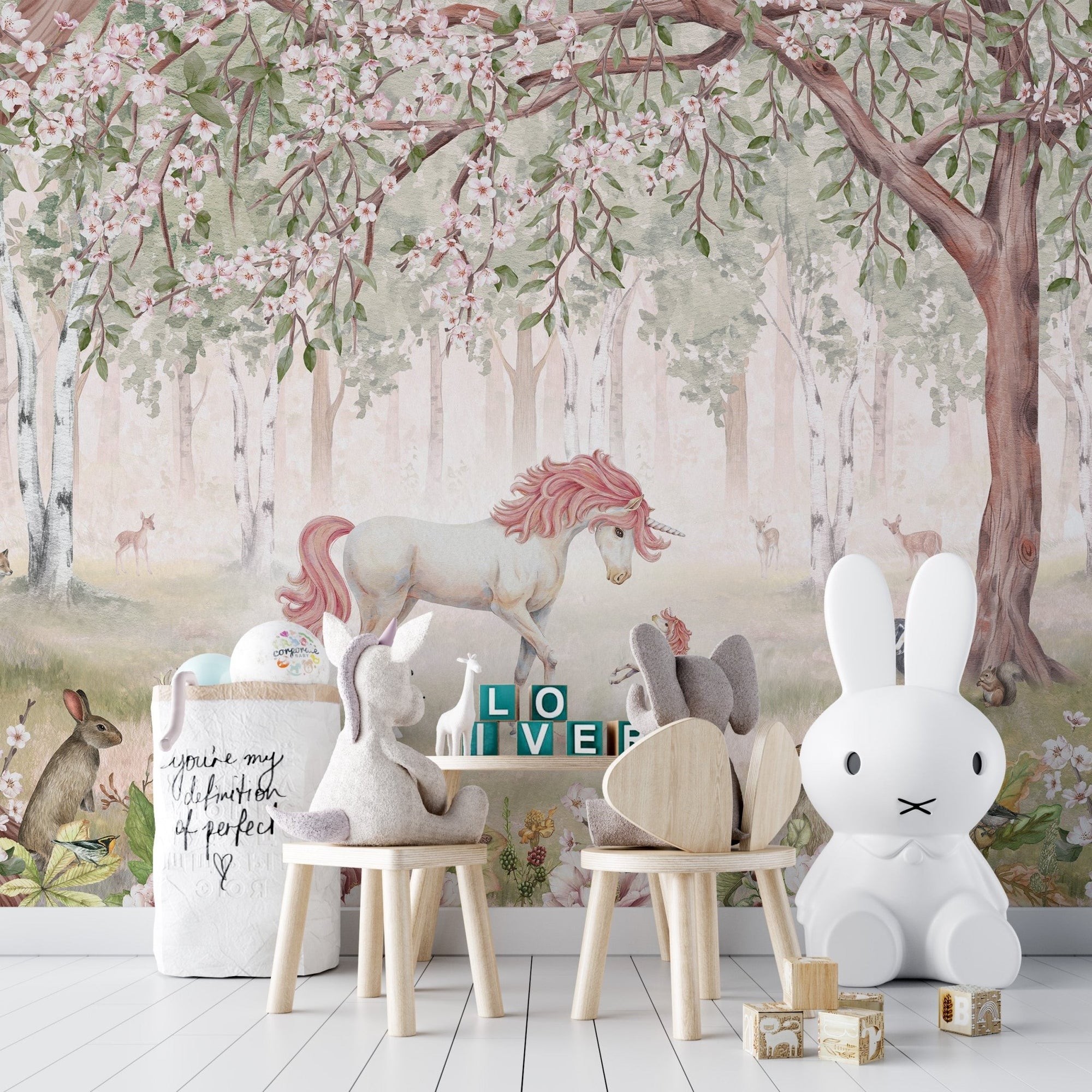 Unicorn forest green wallpaper mural with pastel unicorn and woodland animals.