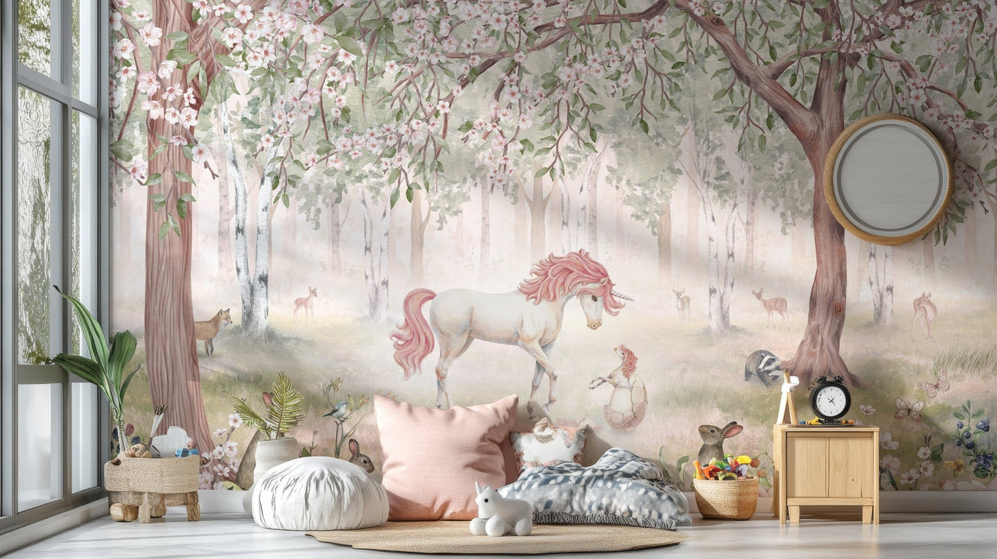 Unicorn Forest Green Wallpaper Mural - Wallanza