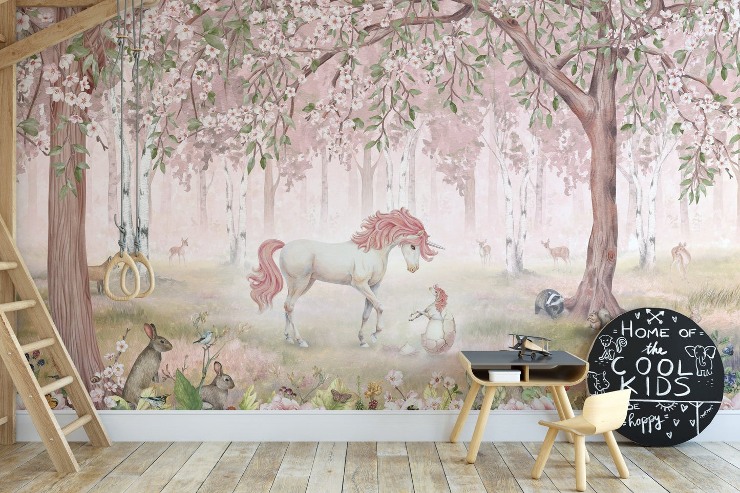 Majestic unicorn among flowering trees pink wallpaper mural.