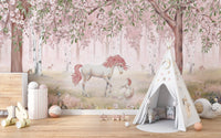 Soft pink wallpaper mural with woodland creatures nature scene.