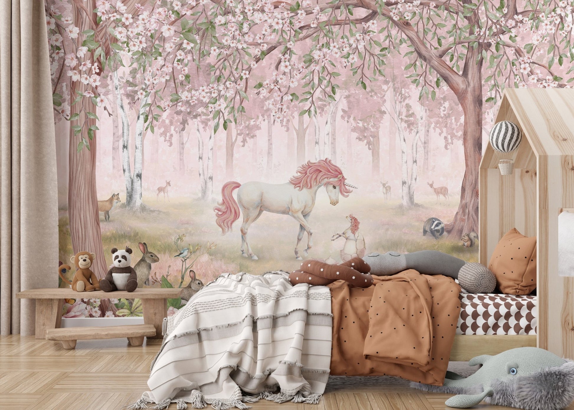 Pastel pink forest wallpaper mural with soft watercolor textures.