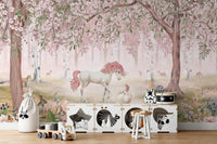 Magical unicorn meeting a small creature pink wall mural.