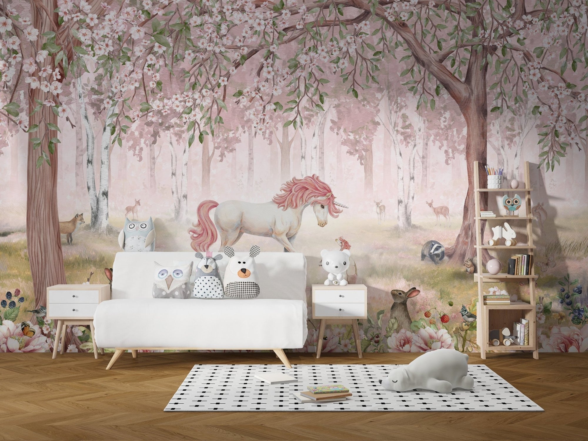 Unicorn forest pink wallpaper mural with white unicorn and pink mane.