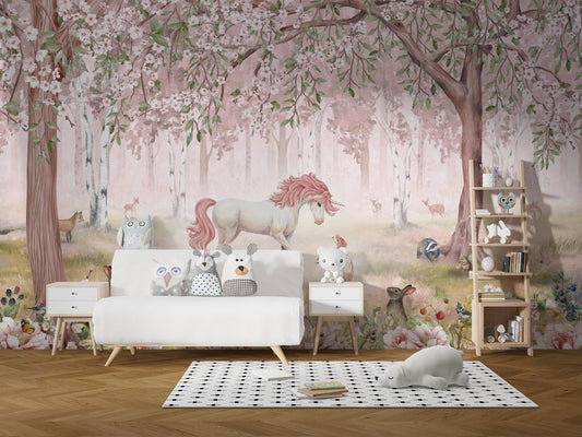 Unicorn forest pink wallpaper mural with white unicorn and pink mane.
