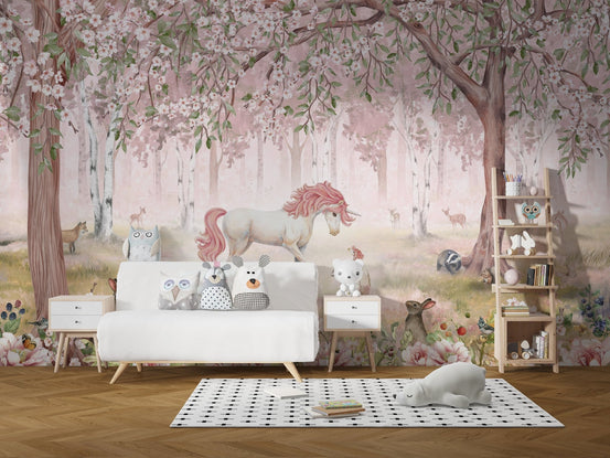 Unicorn forest pink wallpaper mural with white unicorn and pink mane.