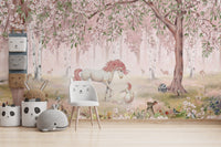 Floral cherry blossom trees and forest animals wallpaper mural.