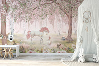 Watercolor forest wall mural featuring rabbits and deer in pink woods.