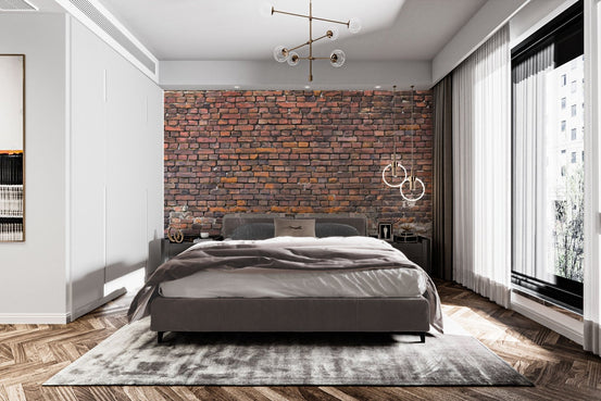 Industrial red brick wall mural wallpaper with aged mortar detail.