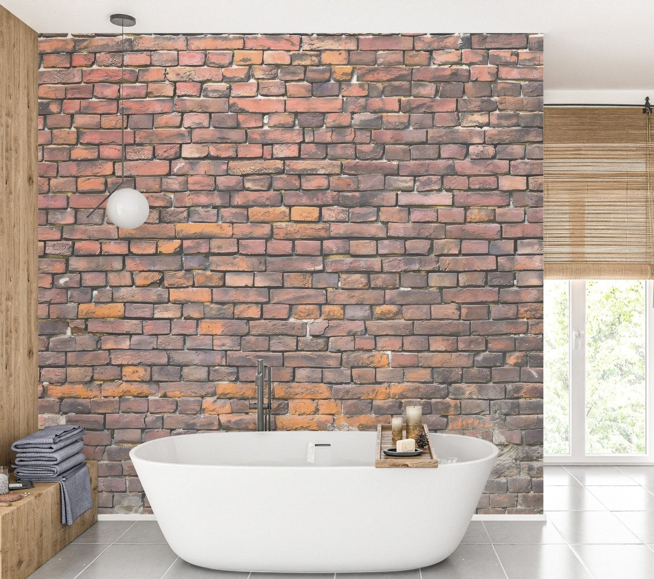 Contemporary brick wallpaper mural in warm brown and orange color.