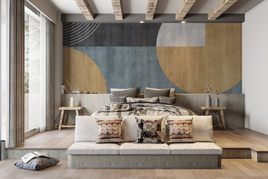 Urban chic geometric wallpaper mural with gold and blue shapes.