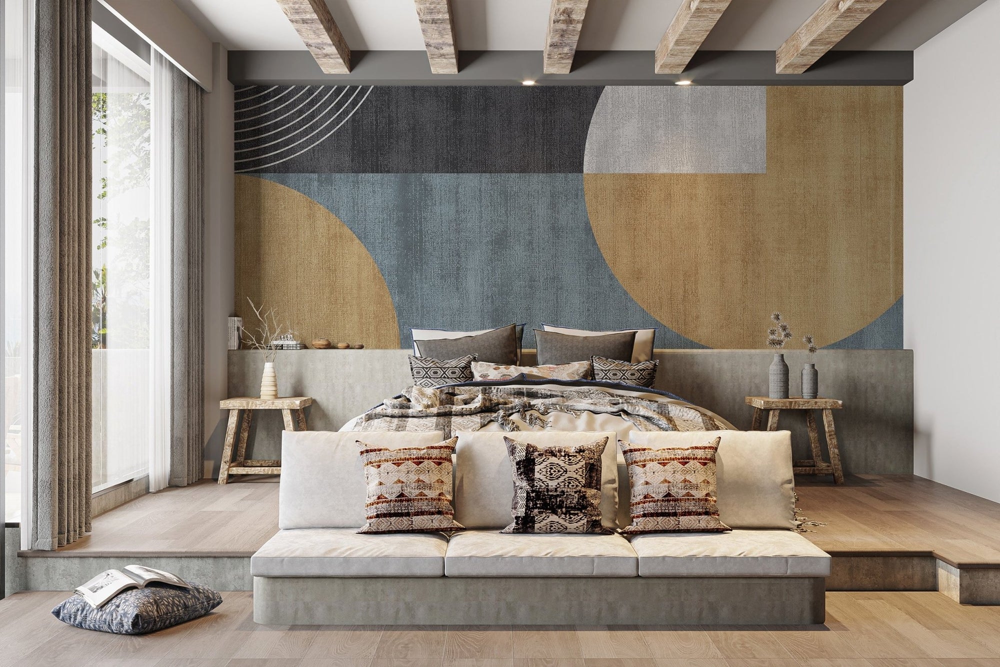 Urban chic geometric wallpaper mural with gold and blue shapes.