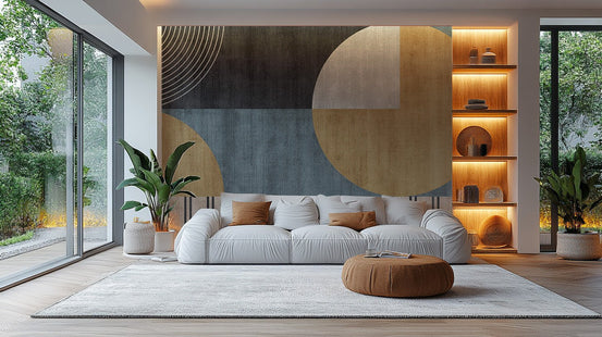 Minimalist geometric wallpaper mural with textured finish.