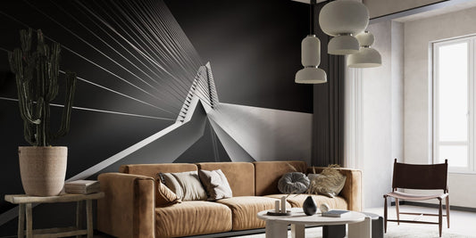 Black and white architectural suspension bridge wall mural for living room.