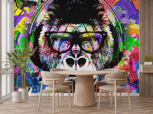 Urban jungle graffiti mural wallpaper with colorful gorilla wall mural art.