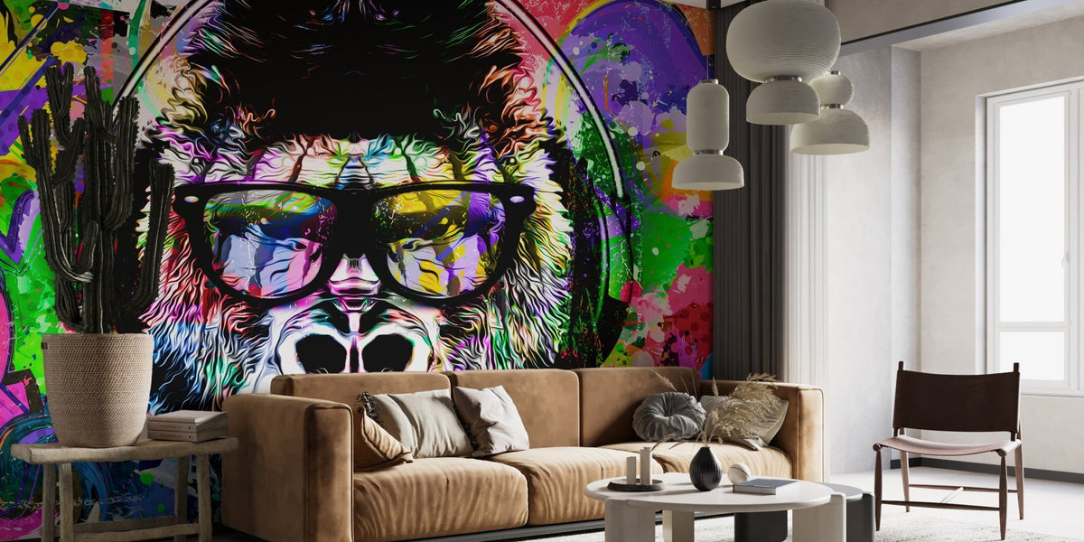 Modern graffiti wall mural with ape in sunglasses wallpaper design.