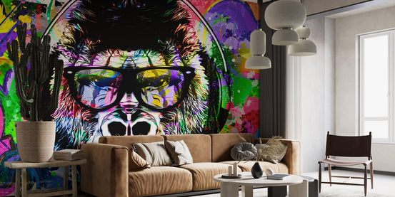 Modern graffiti wall mural with ape in sunglasses wallpaper design.