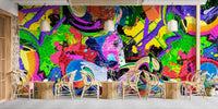 Contemporary graffiti wall mural in bright multicolor design.