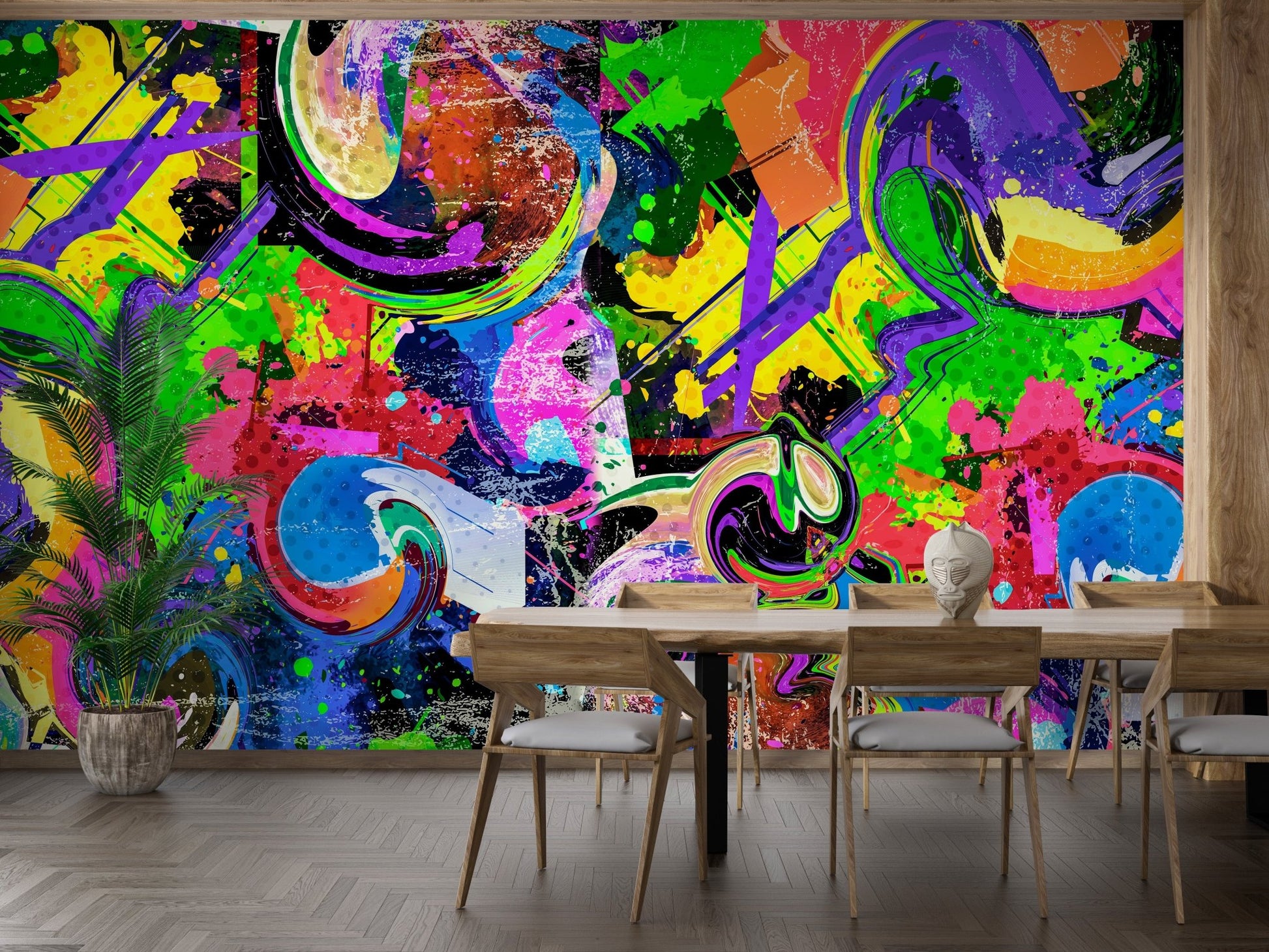 Urban melody graffiti wall mural with neon splash color for dining room.