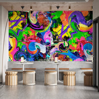 Urban style abstract wall mural in bright neon wallpaper finish for dining rooms.