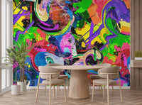 Artistic melody spray paint wall mural with abstract shapes and splashes for dining room.