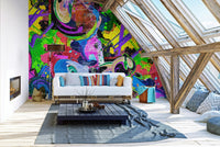 Neon paint splash wall mural in modern graffiti wallpaper style for living room.
