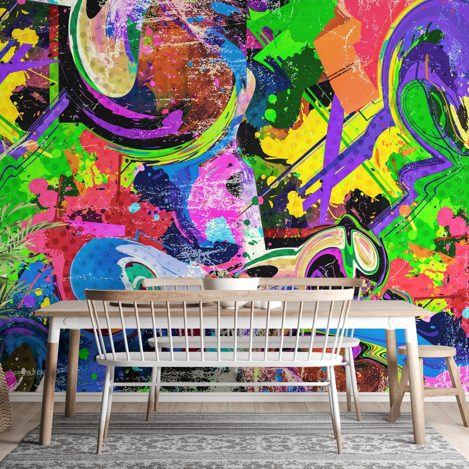 Multicolor graffiti wall mural with expressive brush patterns.