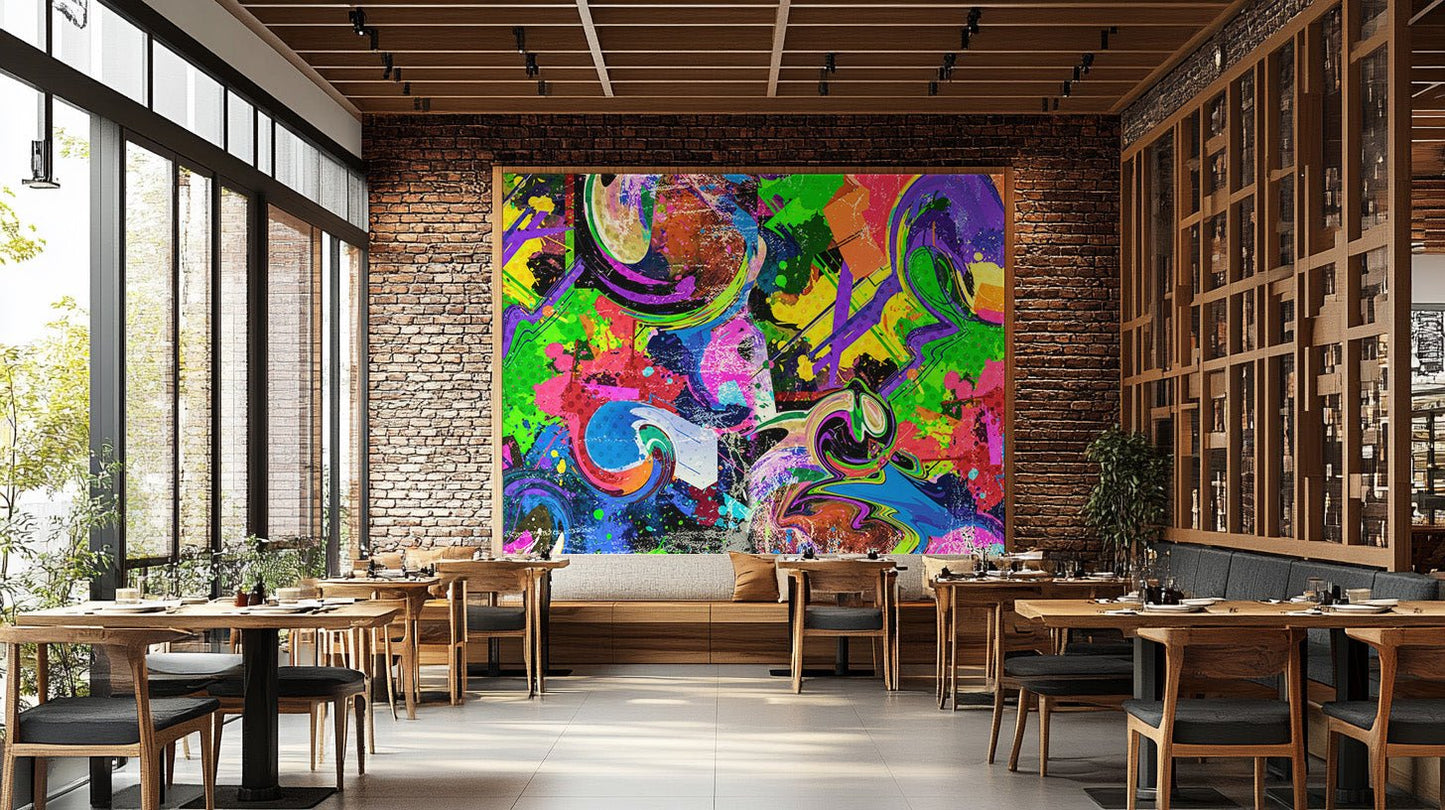 Dynamic abstract graffiti wall mural with layered color effects.