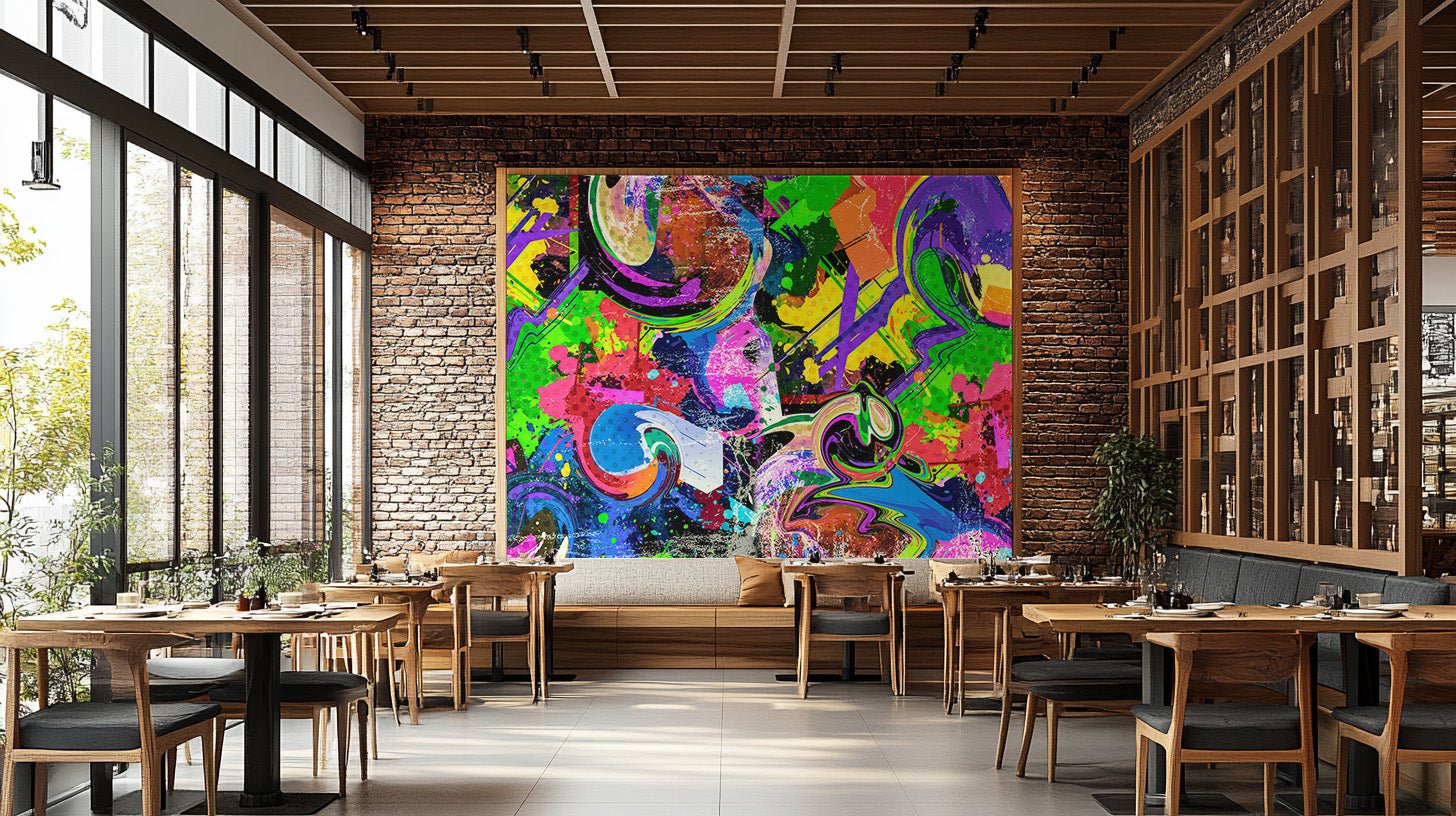 Dynamic abstract graffiti wall mural with layered color effects.