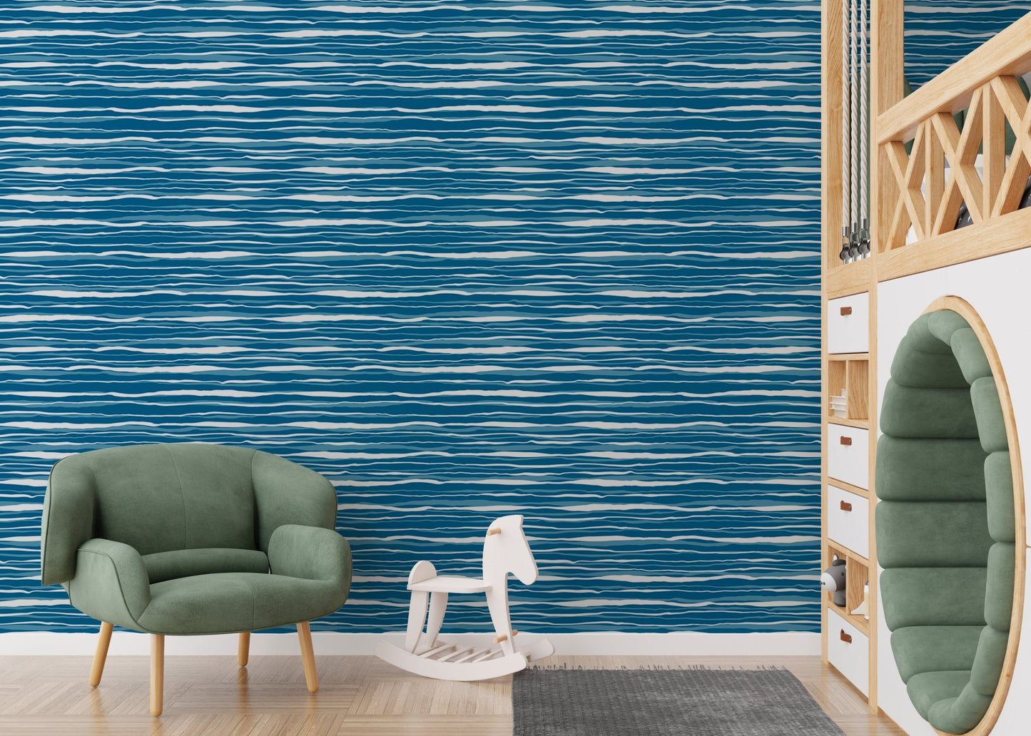 Hand drawn water stripes wallpaper in a kids play area with a green chair.