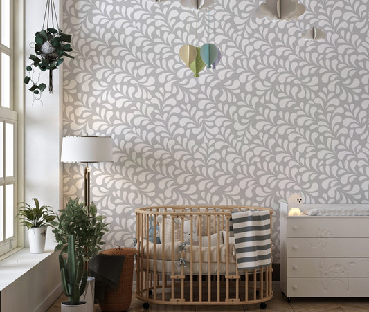 Vector Seamless White Drops Damask Wallpaper in a nursery with a wooden crib.