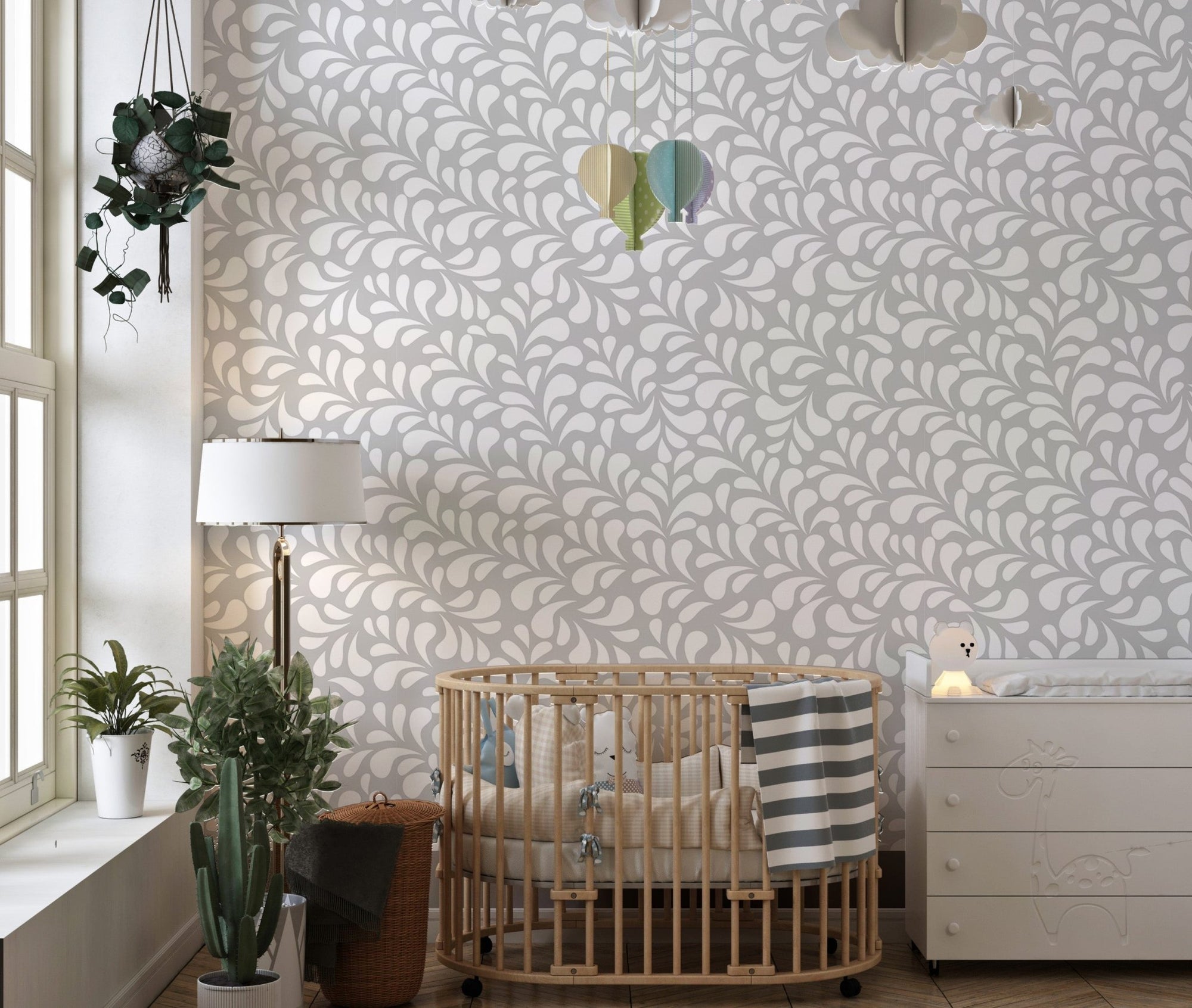 Vector Seamless White Drops Damask Wallpaper in a nursery with a wooden crib.