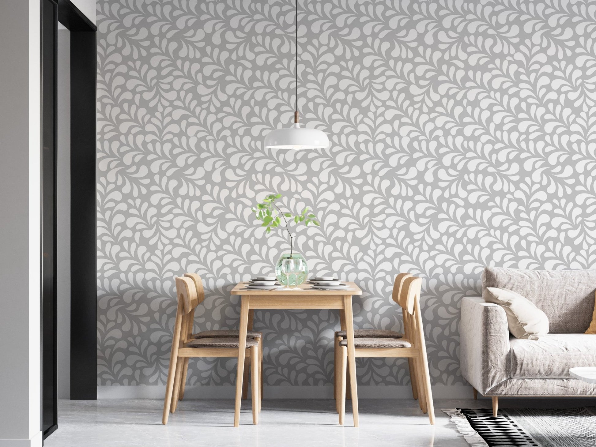 Vector Seamless White Drops Damask Wallpaper in a dining area with wooden chairs.