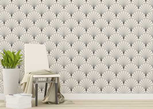 Vector Vintage Arcs Art Deco Modern Tiles Wallpaper behind a white chair.