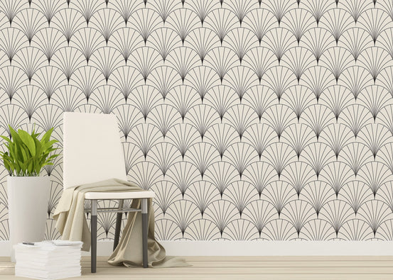 Vector Vintage Arcs Art Deco Modern Tiles Wallpaper behind a white chair.