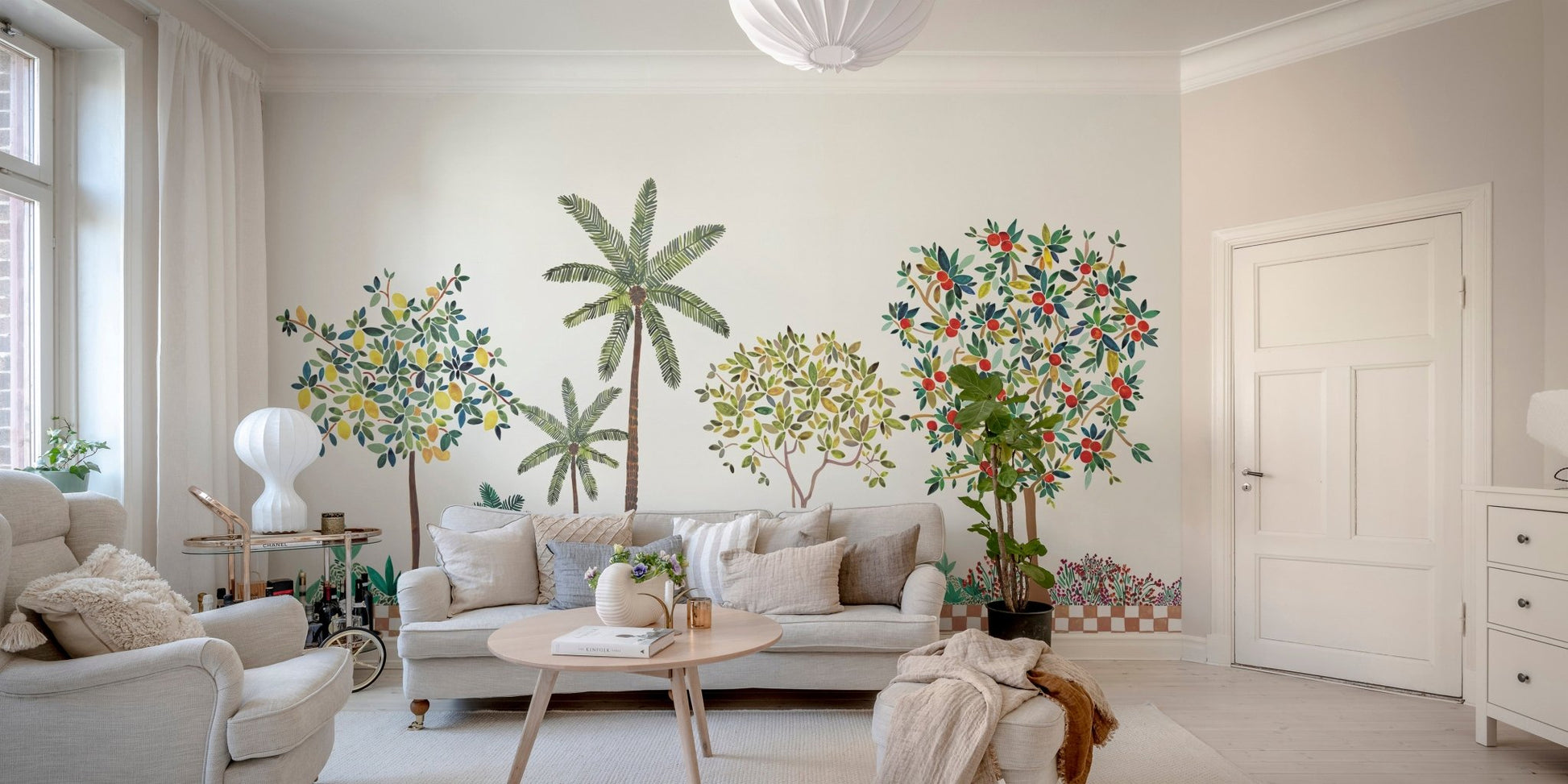 Artistic citrus grove wallpaper with leafy branches and fruit.