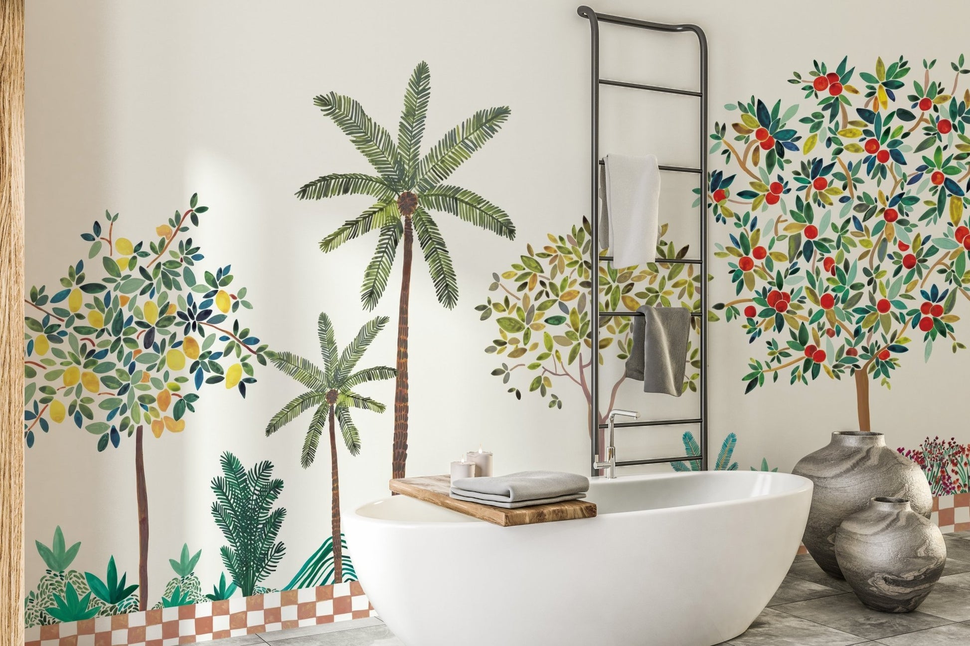 Contemporary lemon orchard wall mural wallpaper design.
