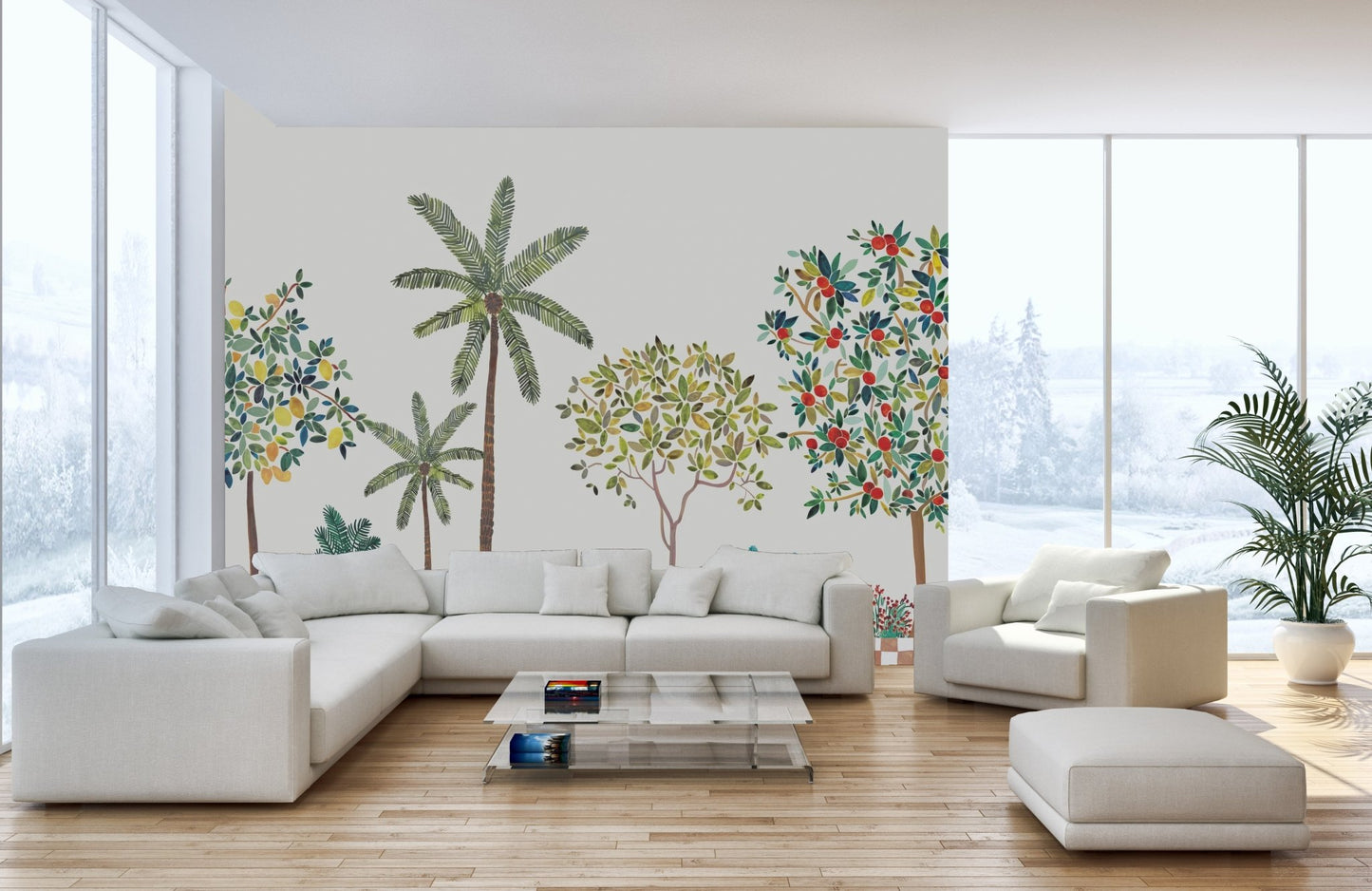 Verdant lemon tree wall mural watercolor orchard wallpaper design.