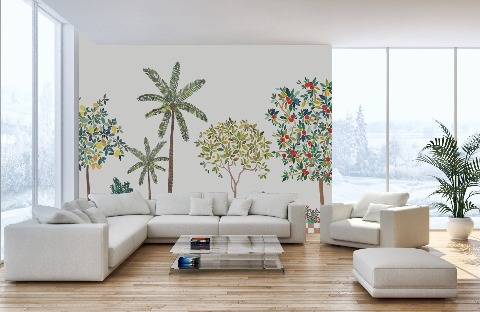 Verdant lemon tree wall mural watercolor orchard wallpaper design.
