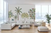 Verdant lemon tree wall mural watercolor orchard wallpaper design.