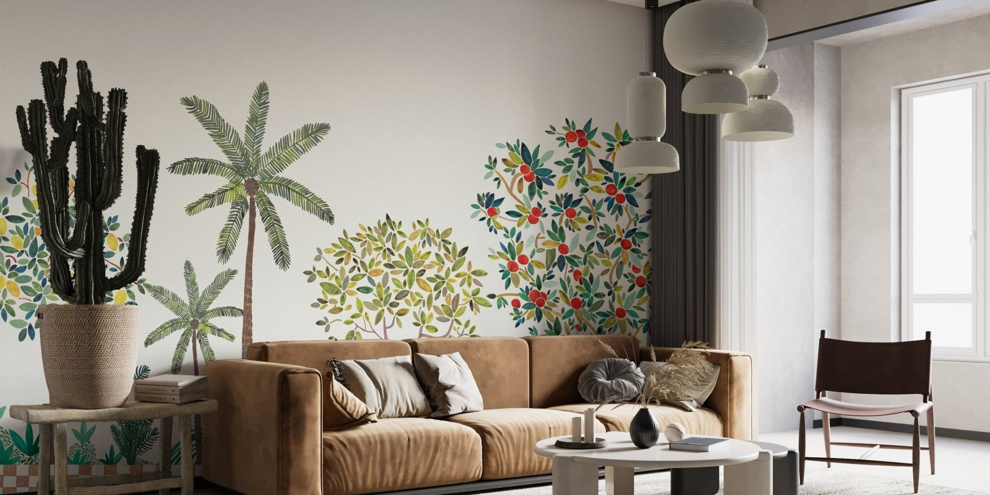 Verdant lemon tree wall mural nature-inspired wallpaper backdrop.
