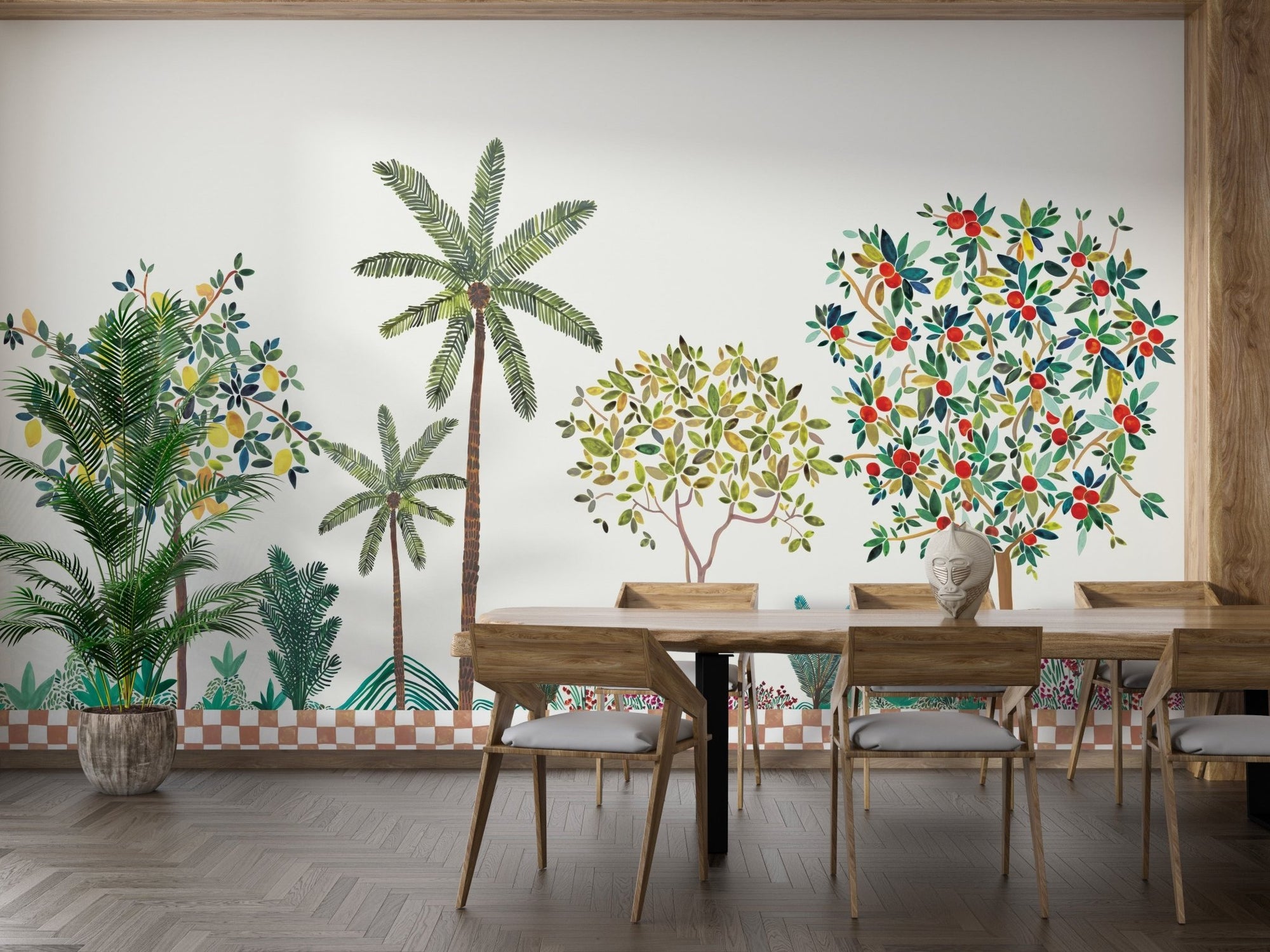 Fresh lemon tree wallpaper with botanical illustration details.