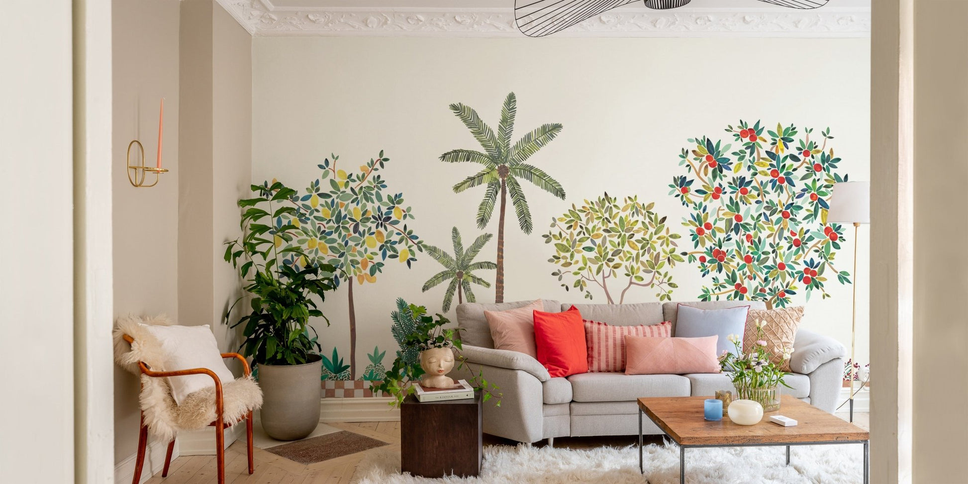 Lemon and palm tree wall mural wallpaper in modern style.