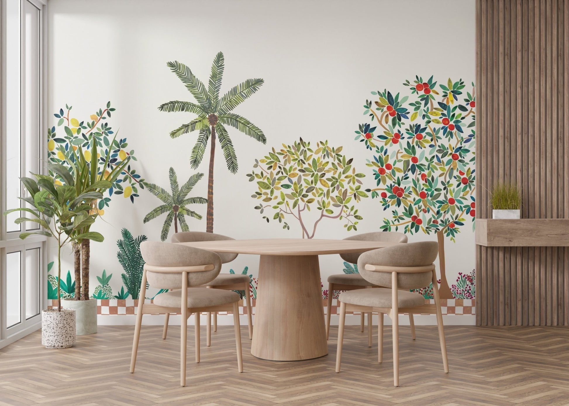 Verdant lemon tree wall mural wallpaper with citrus trees and palms.